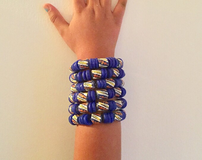 African Trade Bead Bracelet Africa Ghana Ethnic Authentic Jewelry Blue Stripe