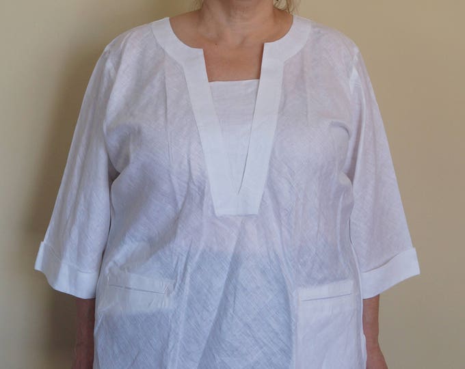 Irish Linen Tunic with Front Placket Plus 2X 3X 4X White Lilac