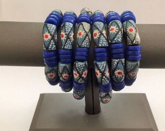 African Trade Bead Bracelet Africa Ghana Ethnic Authentic Jewelry Blue Sun