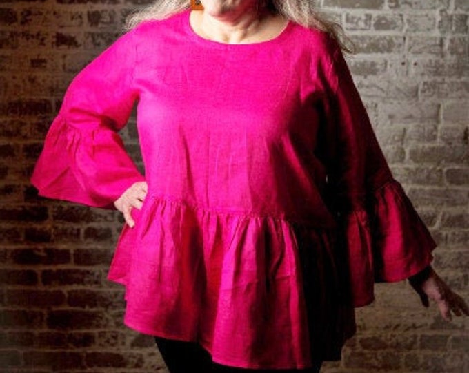 Womens Linen Ruffled Tunic Top Hot Pink 18W, 18W Long, 20W, 24W, 24W Long