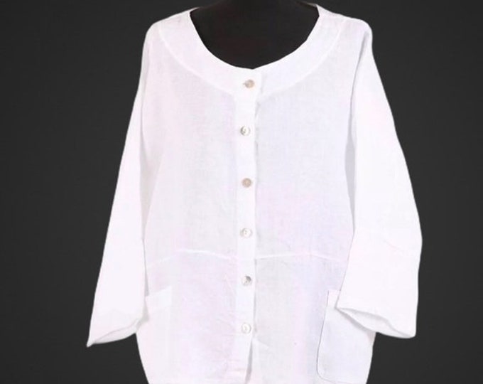 Top Jacket One Size fits 14-22 Front Buttons Linen Lagenlook White