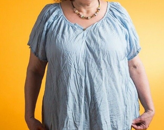 Blouse Cotton Viscose Peasant Plus Size 1X -3X Short Sleeve Blue Gray Yellow