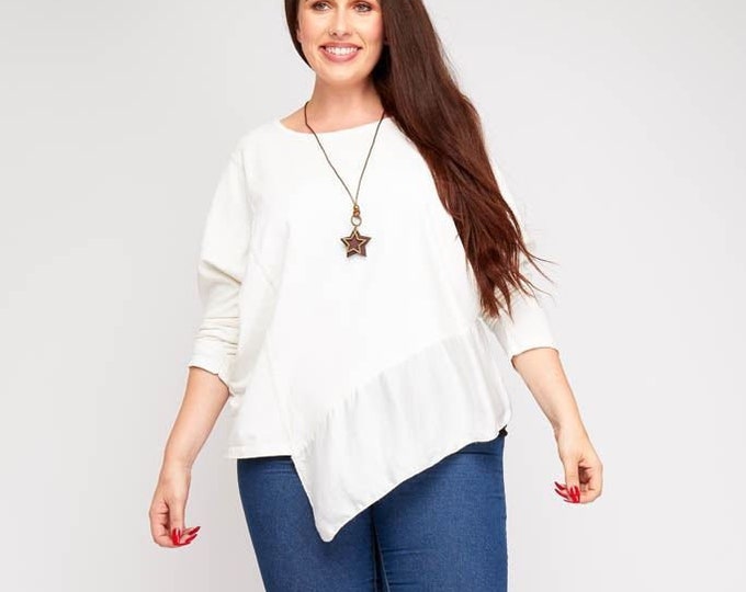 Asymmetric Sateen Hem Top Shirt Tunic Plus Size 16-20 Cotton Necklace Ivory
