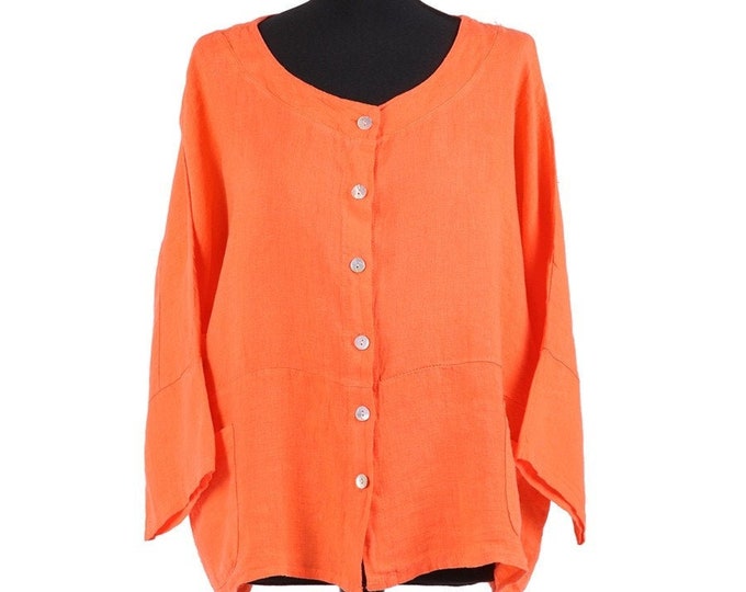 Top Jacket One Size fits 14-22 Front Buttons Linen Lagenlook Orange
