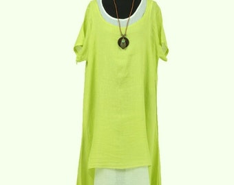 Dress Size 14-16 Orange Lime Green White Linen Layered Side Slit