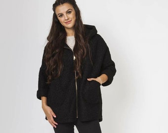 Wool Blend Jacket Textured Hooded Plus Size Fits 16/18 Black