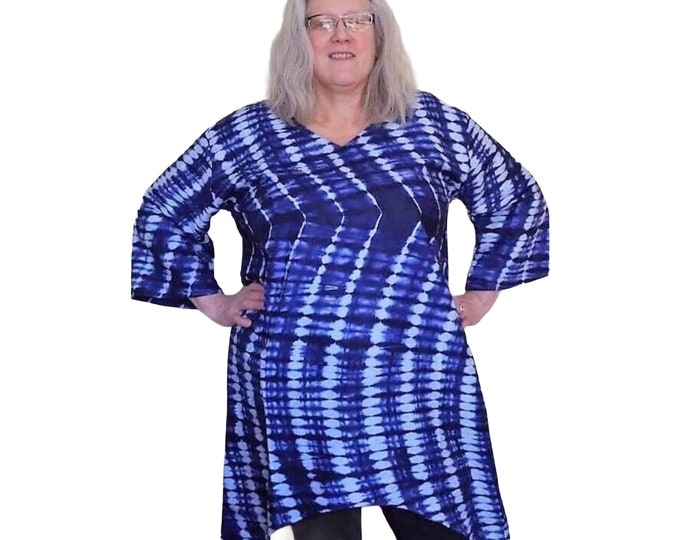 Handcrafted Cotton Indigo Tie Dye Batik V Neck Sharkbite Hem Plus Size 2X