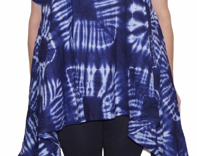 African Cotton Batik Tunic Top Plus Size 1X High Low Hem Indigo White
