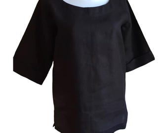 Irish Linen Tunic Top Black Scoop Neck Plus Sizes 0X, 1X, 2X