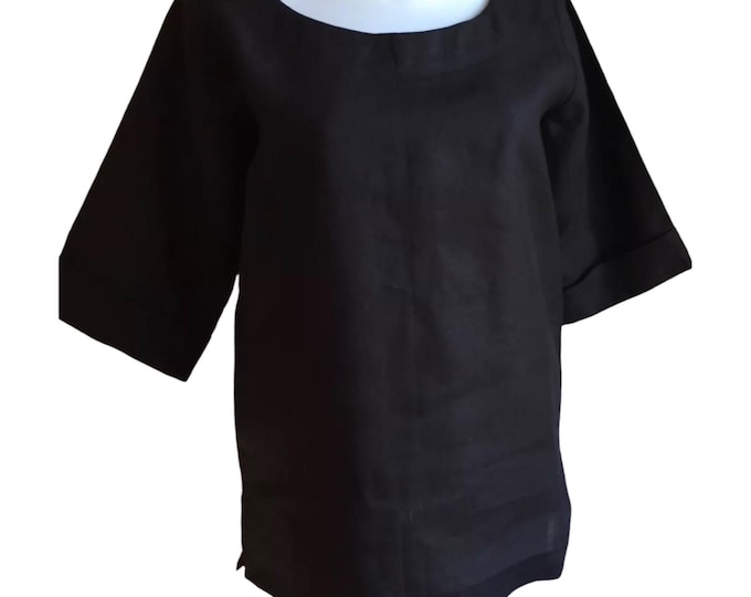 Irish Linen Tunic Top Black Scoop Neck Plus Sizes 0X, 1X, 2X