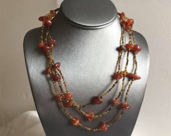 African Brown Stone 3 Strand Necklace 20 Inches