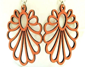 Green Tree Earrings Large Flower Tangerine Wood Wooden Lightweight Stainless Steel