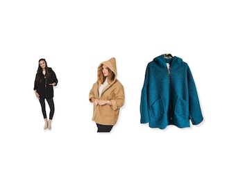 Jacket Plus Size 16 - 18 Black Teal Camel Wool Blend Textured Hooded Teddy Bear