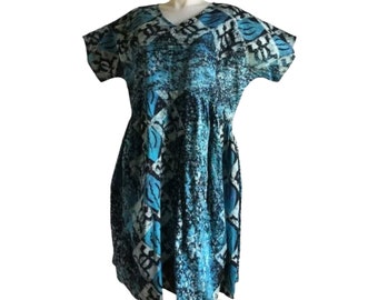 Dress Blue Indigo Black African Batik Cotton Turtles Handcrafted Size 3X or 4X