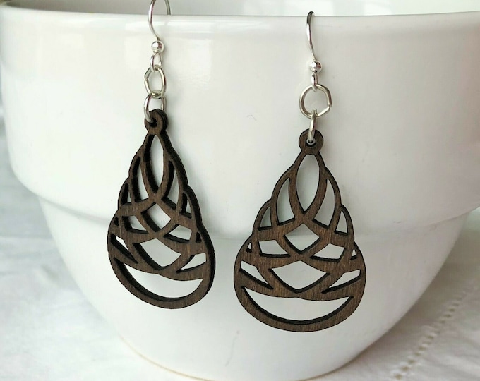 Green Tree Earrings Layered Teardrop Dark Brown Wood Lightweight Stainless Steel