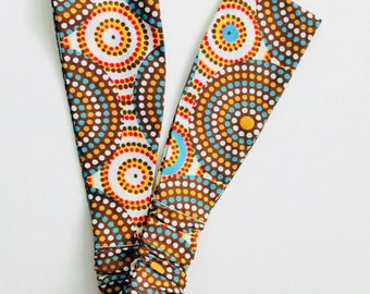 African Fabric Headband Wide 100% Cotton with Covered Elastic Back Brown Turquoise