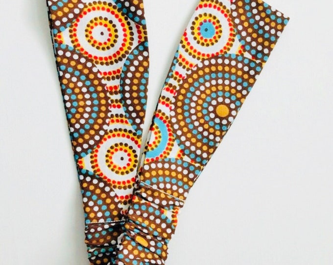 African Fabric Headband Wide 100% Cotton with Covered Elastic Back Brown Turquoise