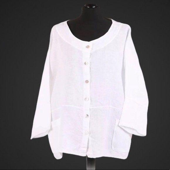 Top Jacket One Size fits 14-22 Front Buttons Linen Lagenlook White