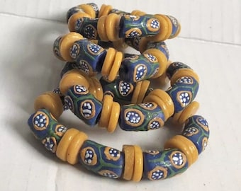 African Trade Bead Bracelet Green, Blue and Yellow with Yellow Spacers