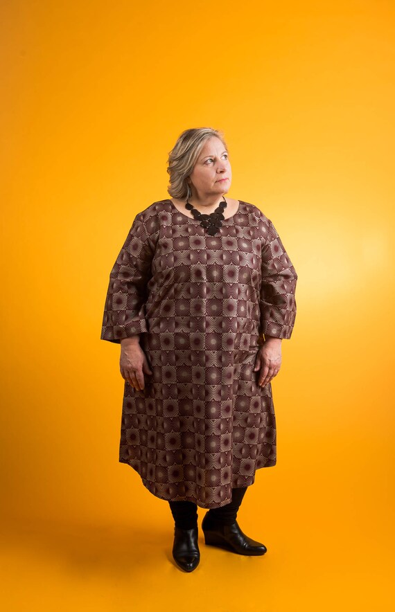 African Cotton Dress Sun Print Bell Sleeve A-line Plus Size 1X 2X Gray Purple