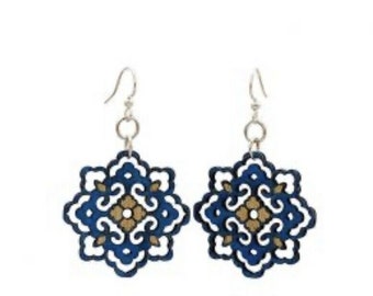 Green Tree Earrings Small Blue Wood Dyed Lightweight Lace Flower