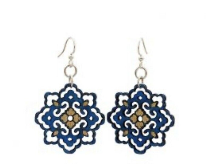 Green Tree Earrings Small Blue Wood Dyed Lightweight Lace Flower