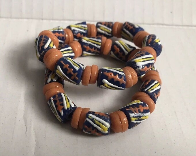 African Trade Bead Bracelet Ethnic Authentic Jewelry Blue Striped Orange Spacers