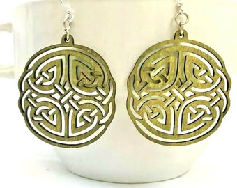 Green Tree Large Celtic Irish Wood Earrings Gray Wood Lightweight