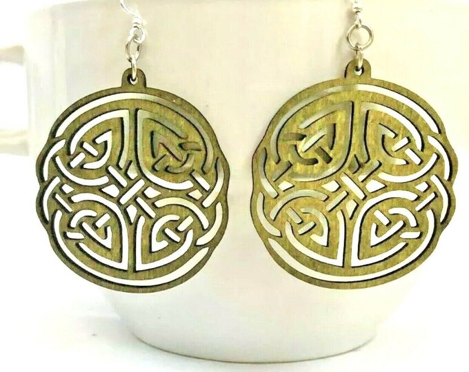 Green Tree Large Celtic Irish Wood Earrings Gray Wood Lightweight