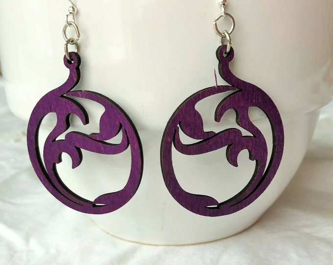 Green Tree Earrings Circle Art Purple Wood Wooden Lightweight Stainless Steel