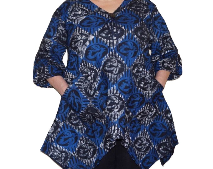 African Blue Batik Shark-bite Tunic with Adinkra Button 0X 1X 2X