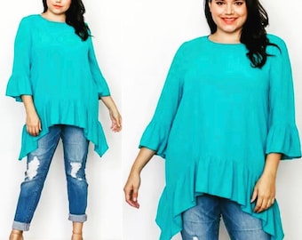 Tunic Top Plus Sizes Turquoise Teal Ruffles Ruffled Shark bite