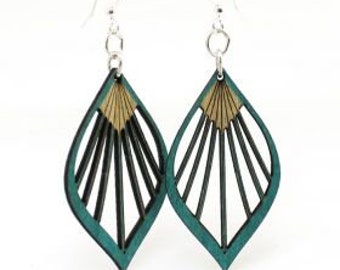 Green Tree Earrings Teal Fan Leaf Palm Wood Wooden Lightweight Stainless Steel