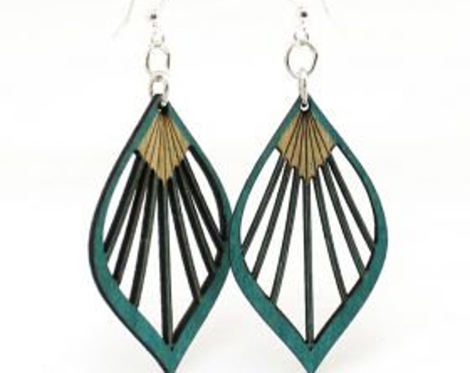 Green Tree Earrings Teal Fan Leaf Palm Wood Wooden Lightweight Stainless Steel