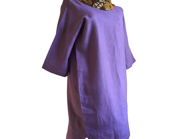 Irish Linen Dress with African Fabric Cowl Neck 2X