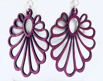 Green Tree Earrings Large Flower Purple Wood Wooden Lightweight Stainless Steel