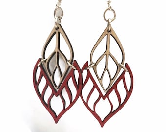Green Tree Earrings Flame Tip Cherry Red Wood Wooden Lightweight Stainless Steel