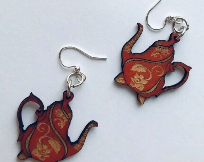 Green Tree Earrings Small Red Wood Teapot Dyed Lightweight