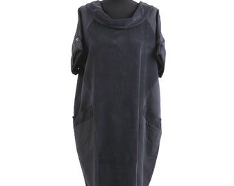 Ribbed Back Buttons Cotton Lagenlook Dress Black One Size fits 12-18