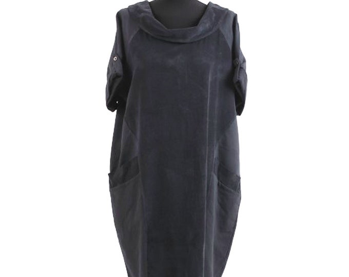 Ribbed Back Buttons Cotton Lagenlook Dress Black One Size fits 12-18