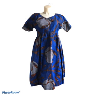 Cotton Dress African Print Pockets Below Knee Royal Blue Sizes 10 12