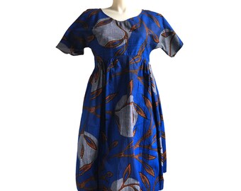 Cotton Dress African Print Pockets Below Knee Royal Blue Sizes 10 12