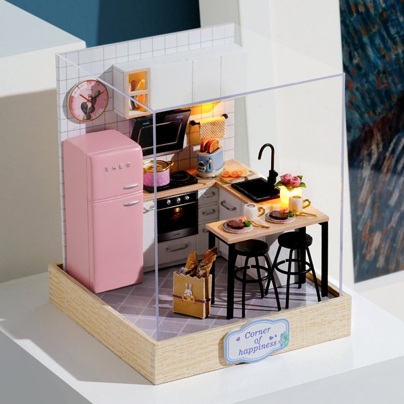 Taste of Life  Corner of Happiness Series  1:24 DIY image 1 // diy mini room kit aesthetic retro kitchen with pink fridge