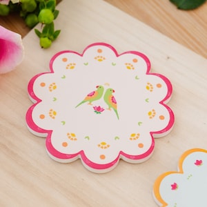 Parrot Party Rangoli Coasters - Indian, Diwali, Pakistani, South Asian, Desi, Pyarful, Marigolds, Lotus, Deepavali, Holi, Drinkware