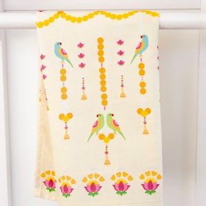 Parrot Party Festive Tea Towel - Diwali, marigolds, parrot, Indian lotus, shaadi, Sangeet Mehndi, Deepavali, Indian, Pakistani, Desi