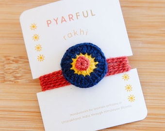 Sun Rakhi - Sun mango inspirado, tejido a mano, crochet, raksha bandhan, indio, sur asiático, pulsera india