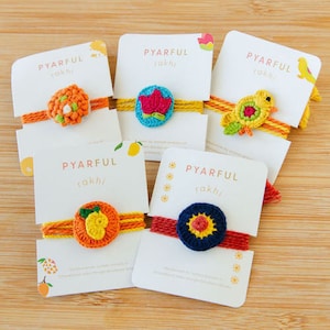 Set of 5 Festive Rakhi Bundle - handmade bracelet, crochet, ladoo, lotus, mango, parrot, sun, colorful, soft, organic, eco-friendly