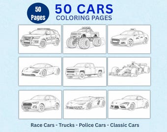 50 Autos zum Ausdrucken, Malbuch, Malseiten, für Kinder & Jugendliche, PDF, digitaler Download