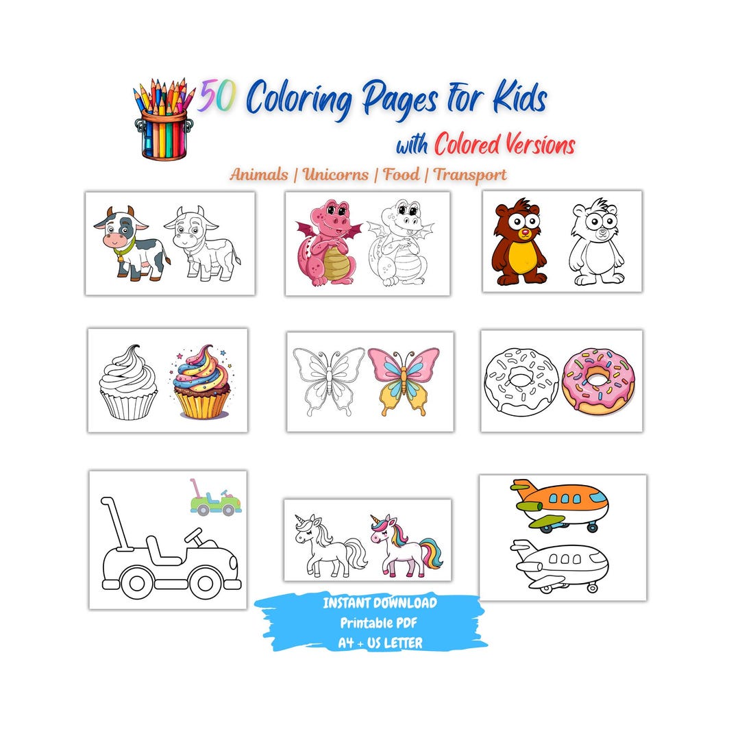 Kids Coloring Pages With Colored Examples - 50 Pages - Etsy