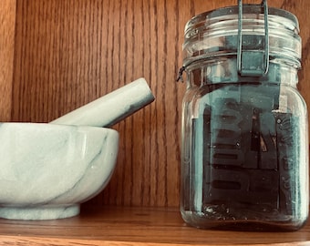 Antique Mason Jar w/Printers Cuts and Type
